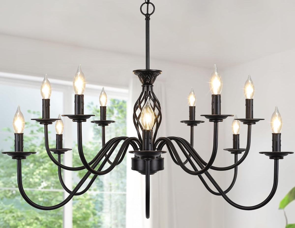 Front view of the six-light matte black chandelier with curved arms and exposed flame-tip bulbs.