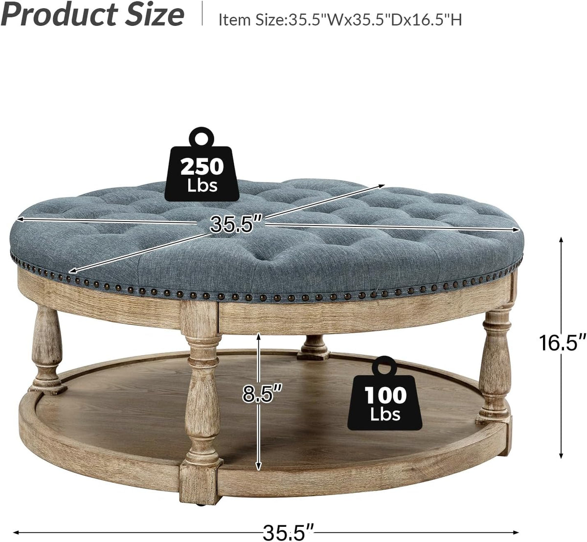 Front profile of round blue tufted ottoman showing 35.5-inch diameter and lower wood shelf with turned legs