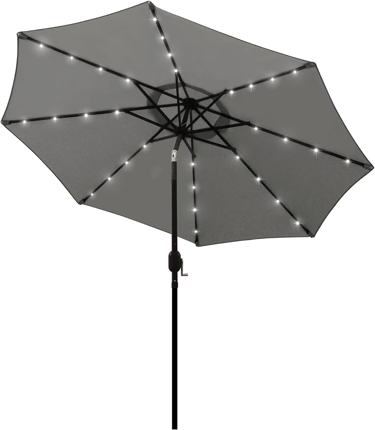 Straight-on view of a gray patio umbrella open with LED lights along each rib and a black pole.