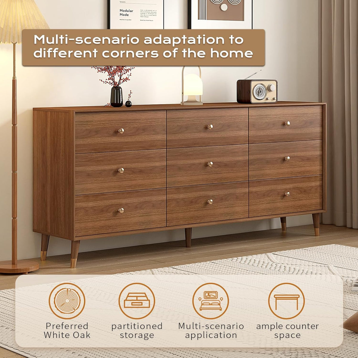 Angled front view of brown dresser highlighting beveled frame edge, wood grain and tapered legs in a room scene