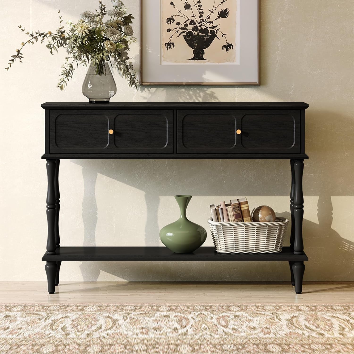 ARTPOWER 47" Mid-Century Console Table, 2 Drawers and Open Shelf, Brown