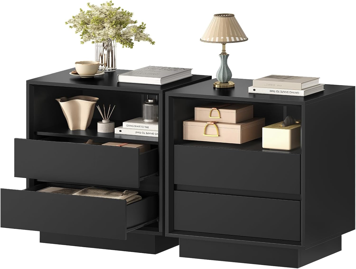 Pair of black nightstands side-by-side showing one 2-drawer with open shelf and one 3-drawer from front angle