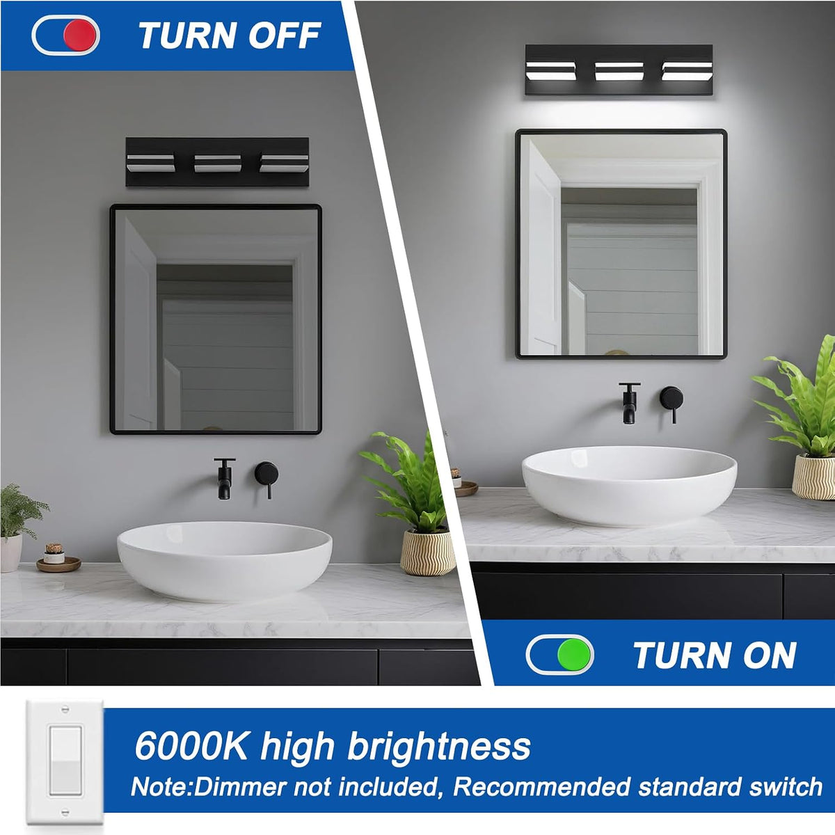 Split image showing the vanity light off on the left and on the right above a round vessel sink and square mirror.