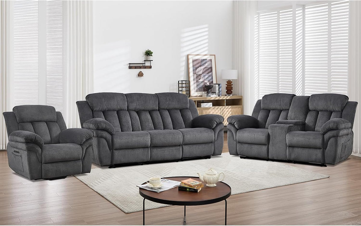 Wide room shot showing full reclining sofa set: single recliner, three-seat sofa, and loveseat with console.