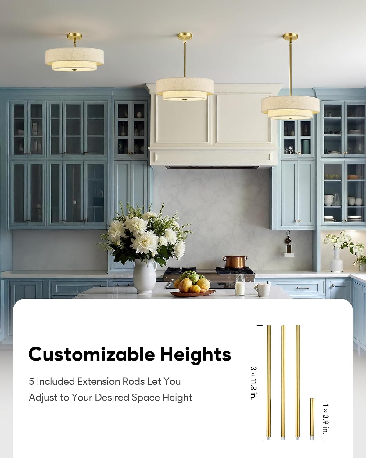 Three drum chandeliers over a kitchen island illustrating suspended heights and brushed gold finish