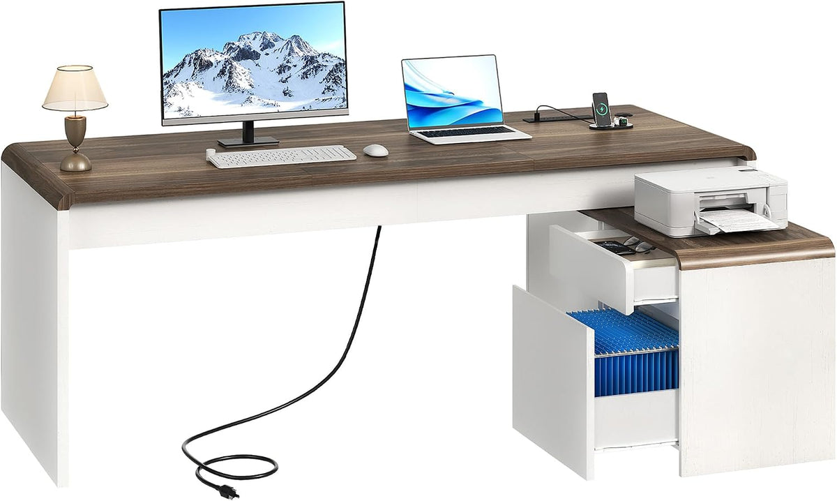 Studio shot of the full L-shaped desk with walnut top and white base plus open file cabinet