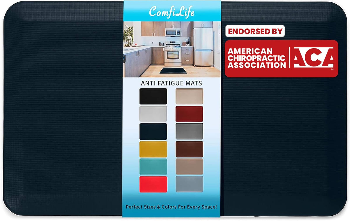 Black rectangular anti-fatigue mat with centered product band showing color swatches and ACA endorsement badge