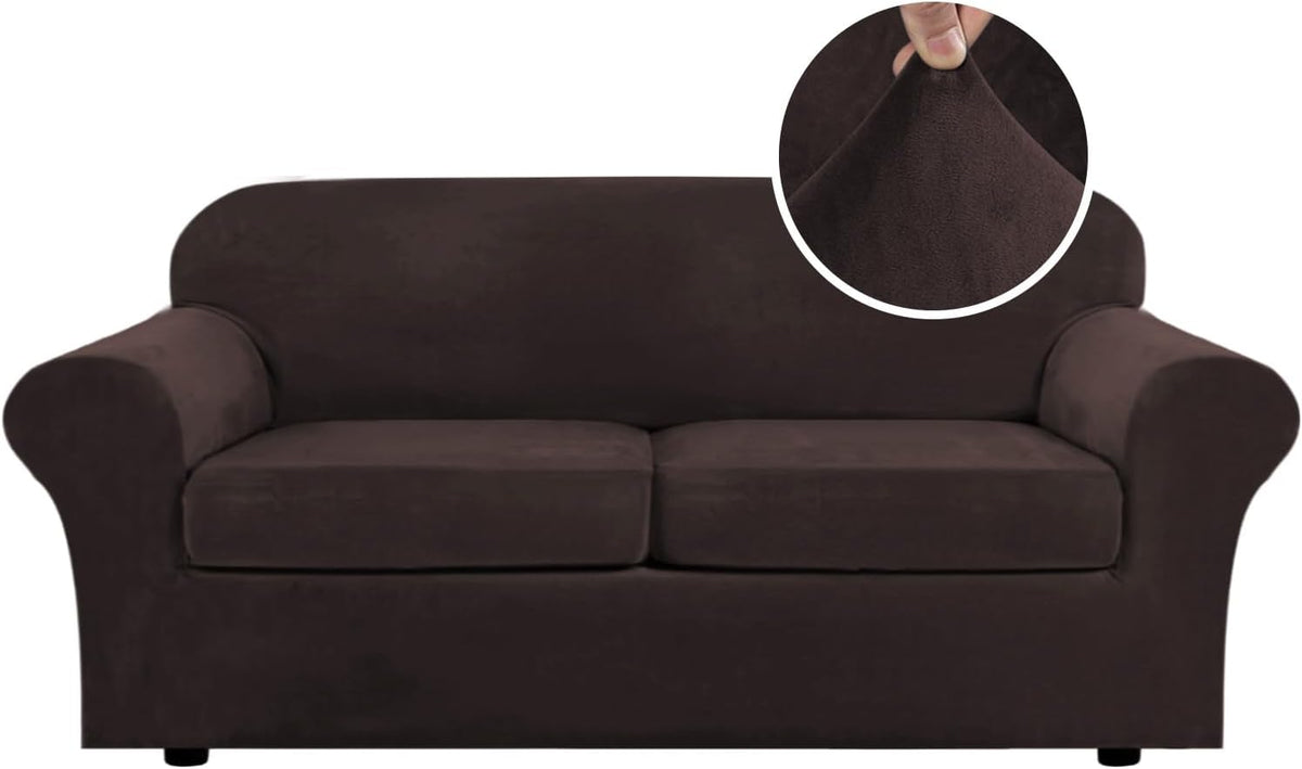 Front view of a three-seat sofa in deep chocolate color with a circular inset showing plush fabric pulled.