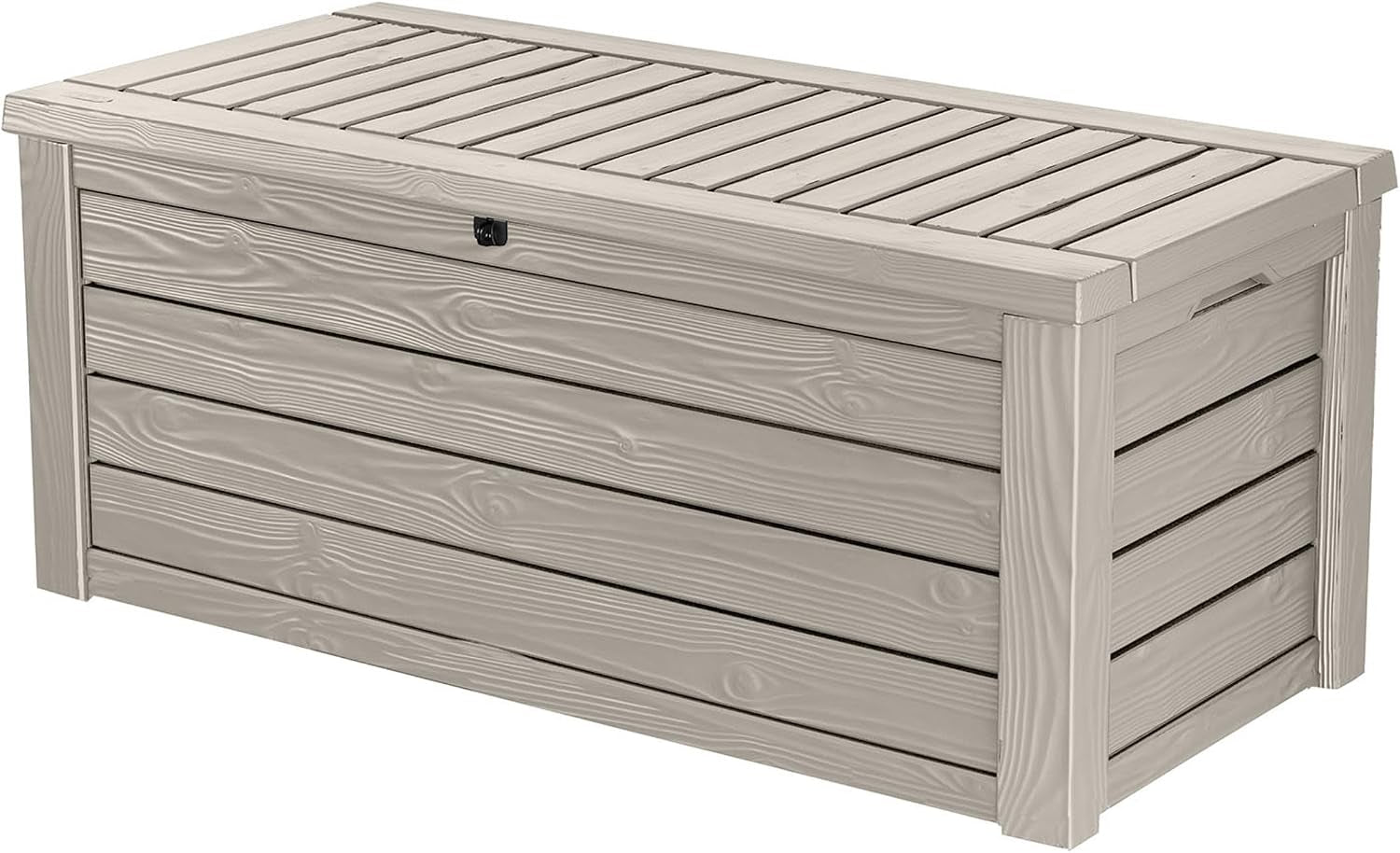 Three-quarter view of a long slatted outdoor storage box with woodgrain texture and hinged lid.