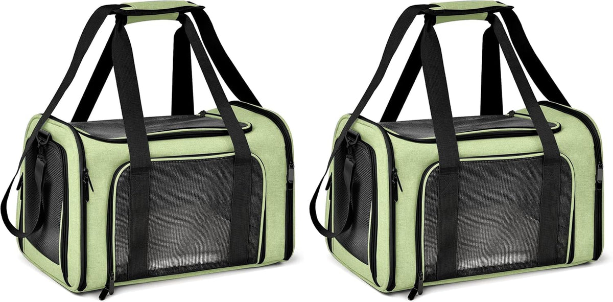 Two identical light green soft-sided pet carriers side by side showing mesh sides and top handles