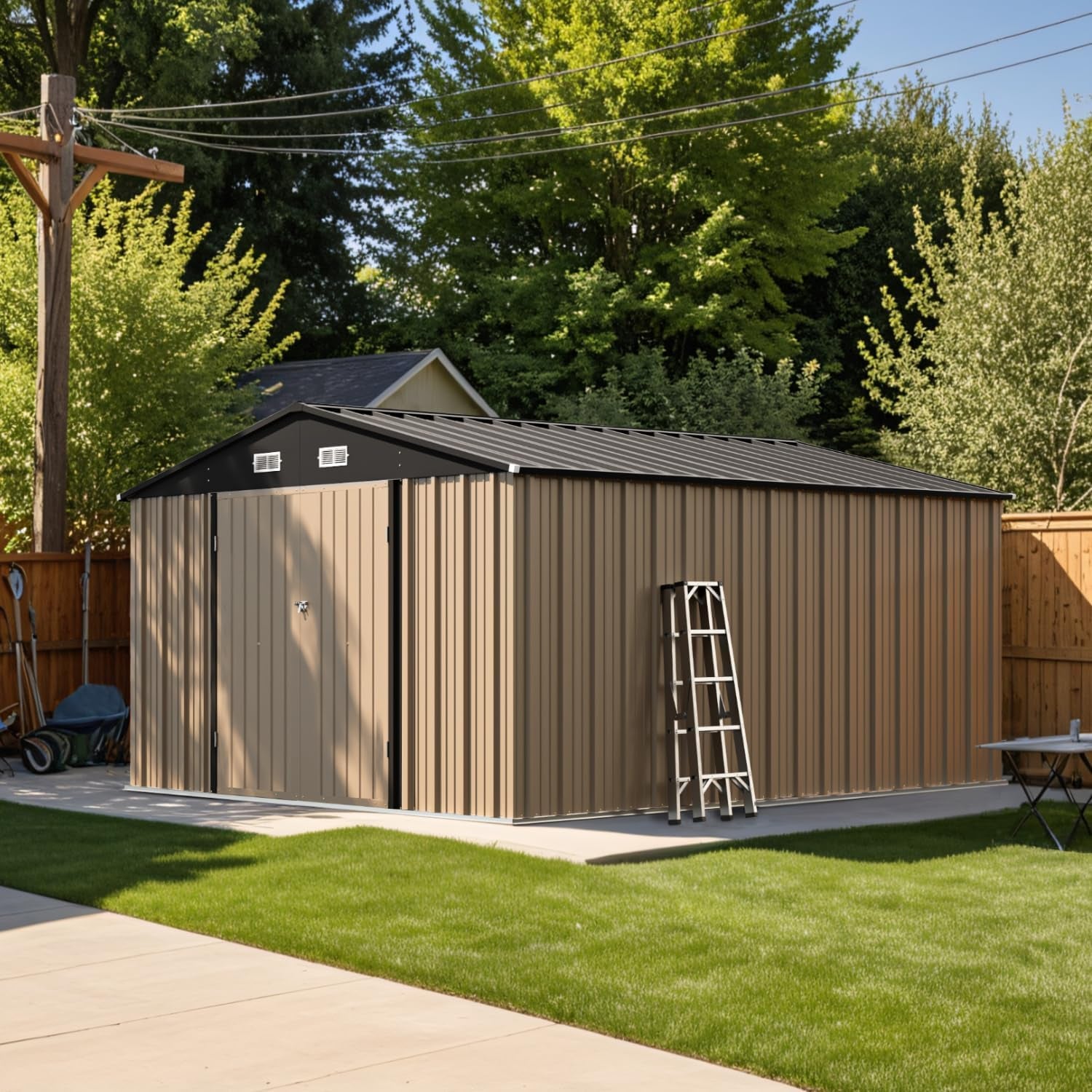 Three-quarter exterior view of a large brown metal storage shed on a concrete pad with a ladder leaning against it.