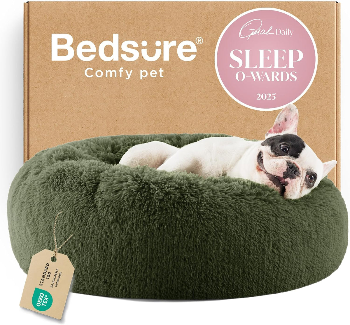Green round faux-fur donut bed with a small white dog resting against the raised rim