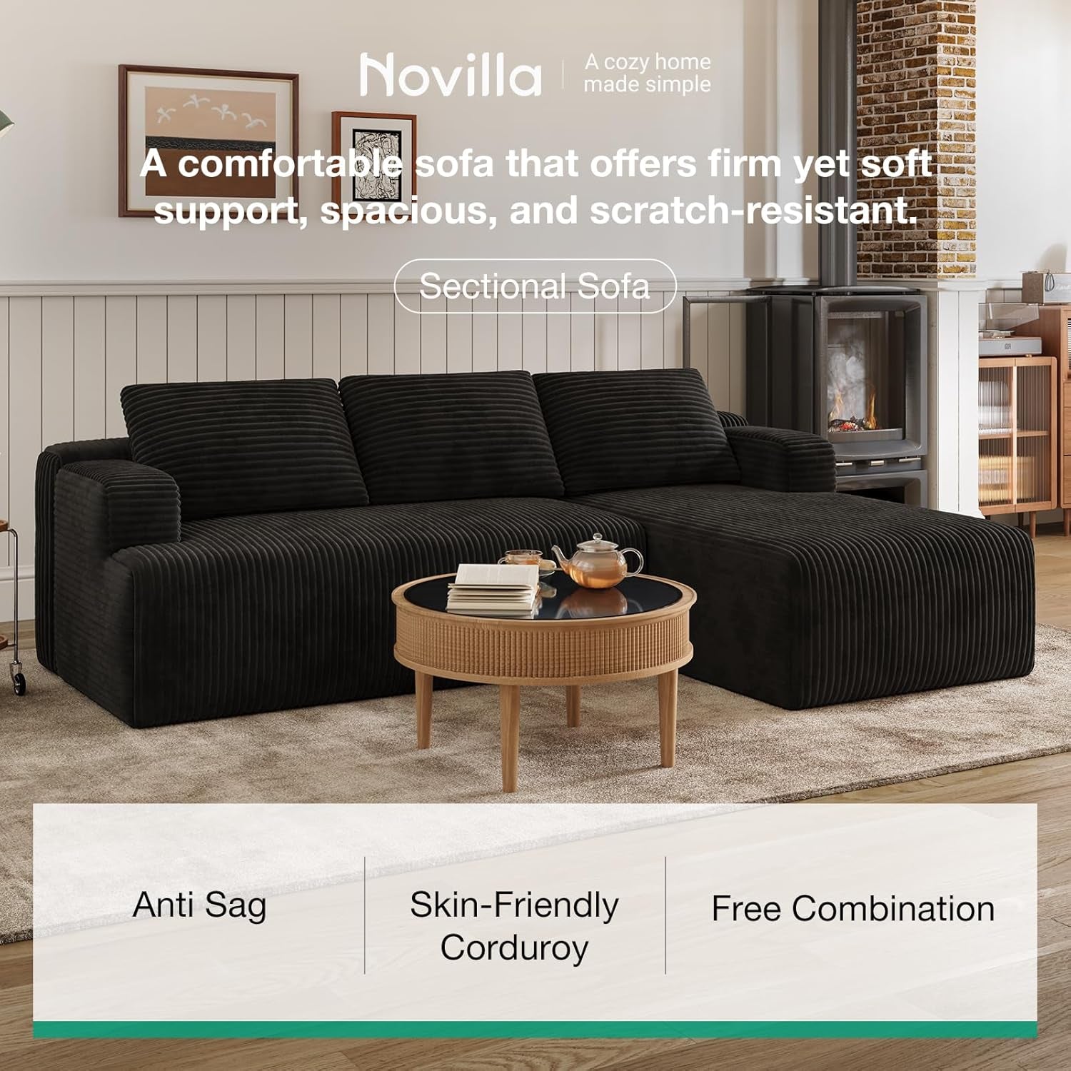 L-Shape Sectional Couches for Living Room with Smarts Coil® Support, 3 Seater Sectional Sofas for Living Room Bedroom, Corduroy Cloud Couch Sectional, No Assembly(Black, Right Hand Facing)