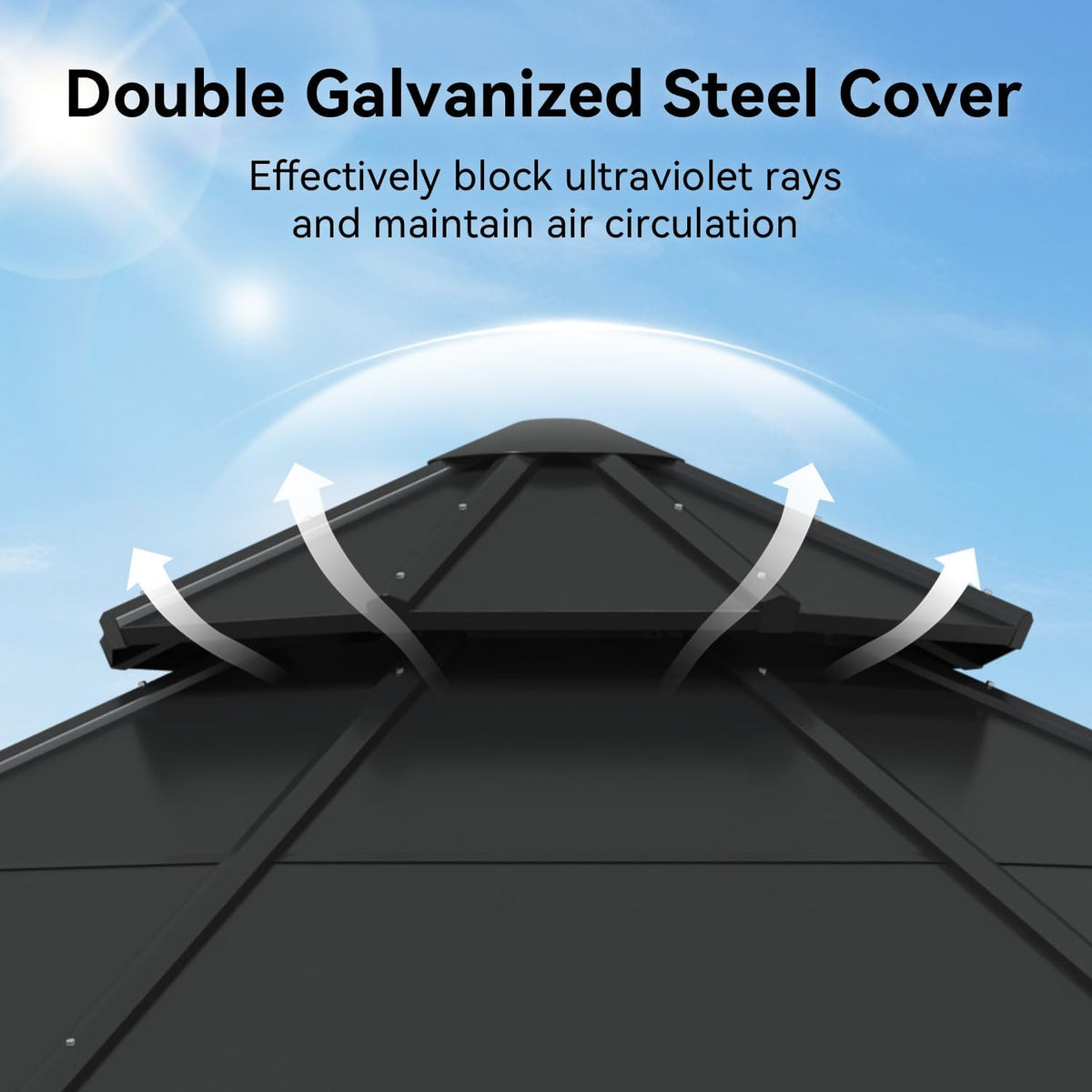 Close-up of the black double-layer galvanized steel roof vent showing airflow and roof panels