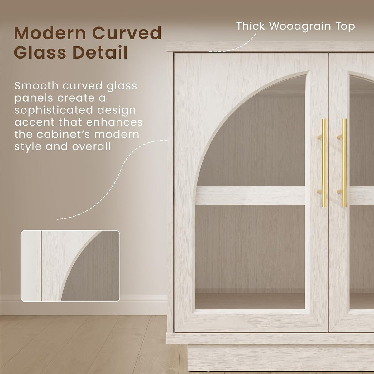 Close-up of curved glass door panel, woodgrain finish and long metal handle detail