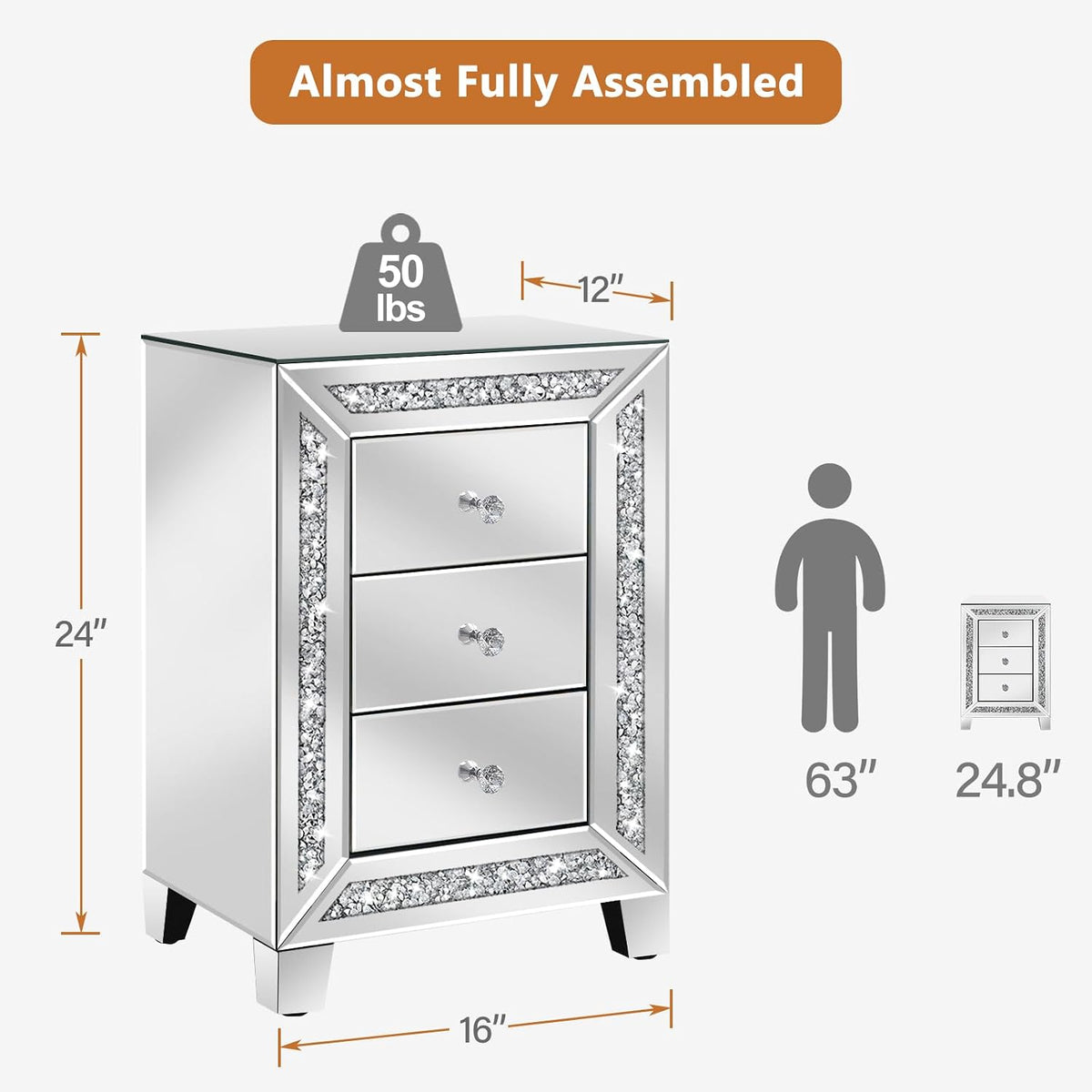 Graphic front view showing the nightstand with labeled dimensions 12 in x 16 in x 24 in and a 50 lb weight icon