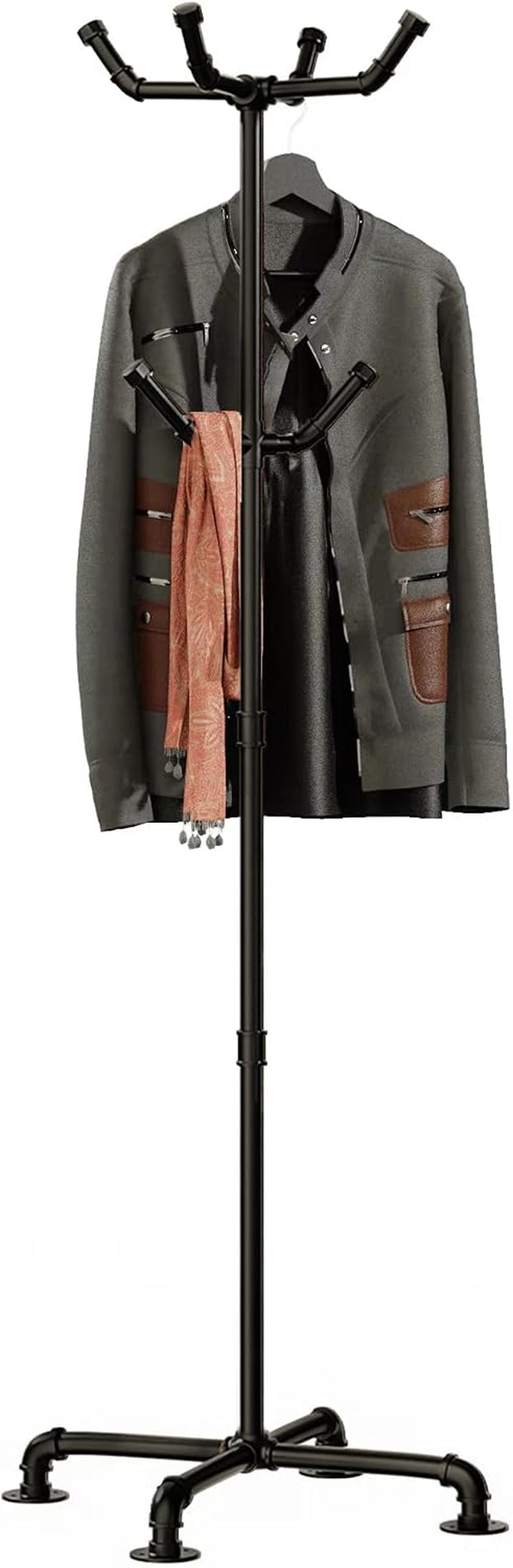 Close vertical view of black coat rack with a jacket and scarf showing the top and middle hooks