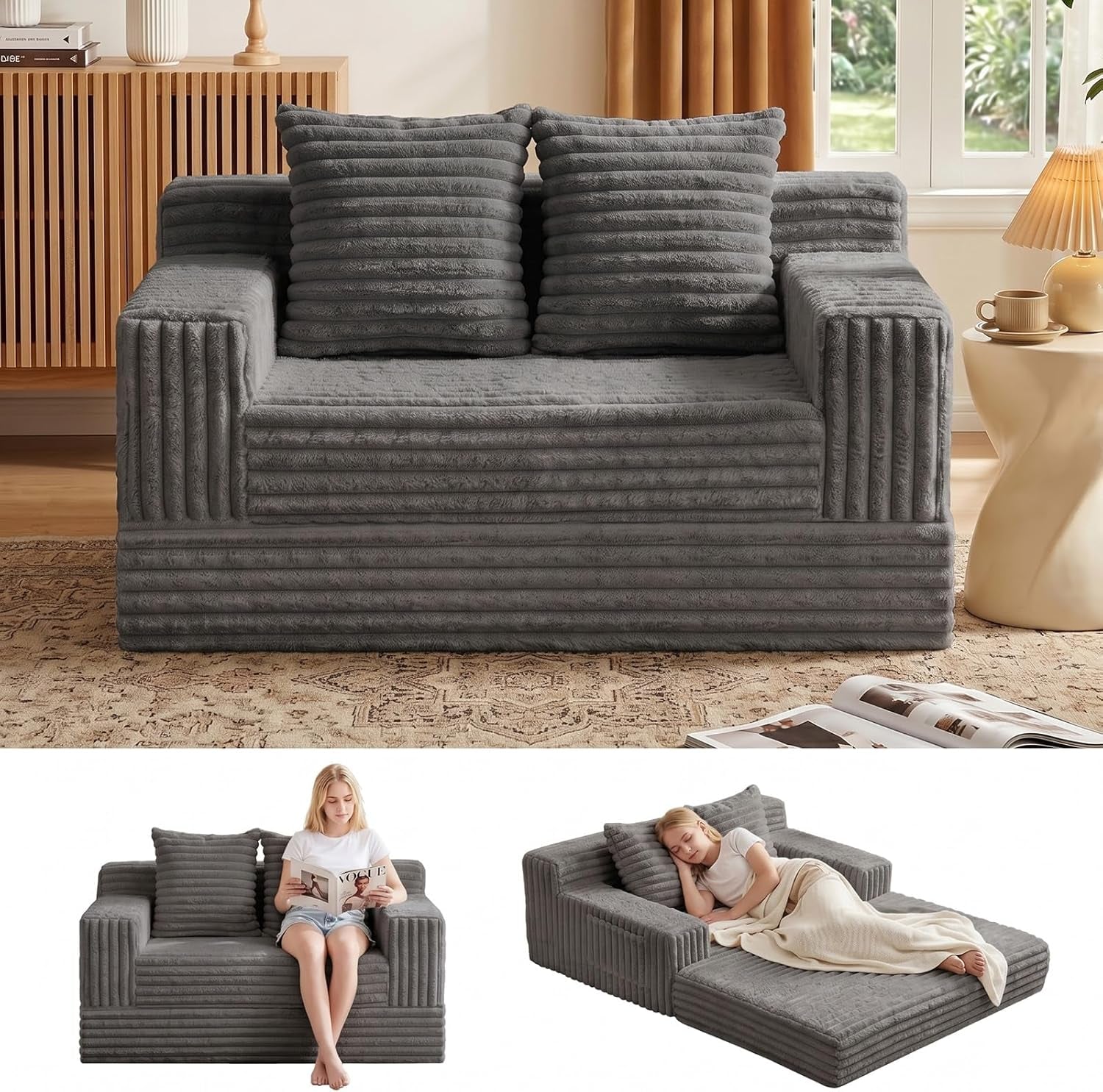 Gray corduroy folding sofa bed front view with two small inset images showing seated and folded-out positions.