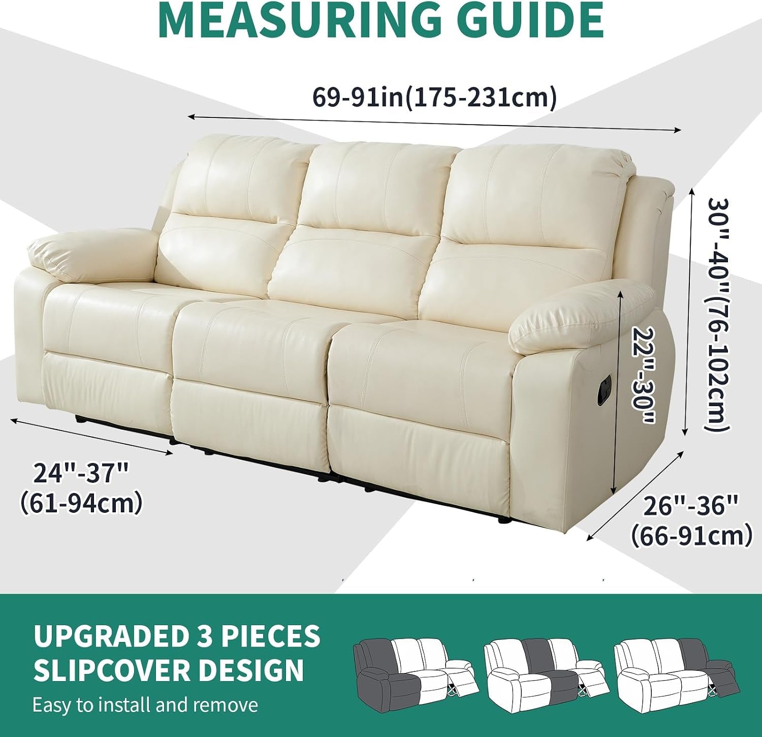 Measuring guide graphic showing 69–91 in width range and additional seat, depth and back height dimensions for 3-seat recline