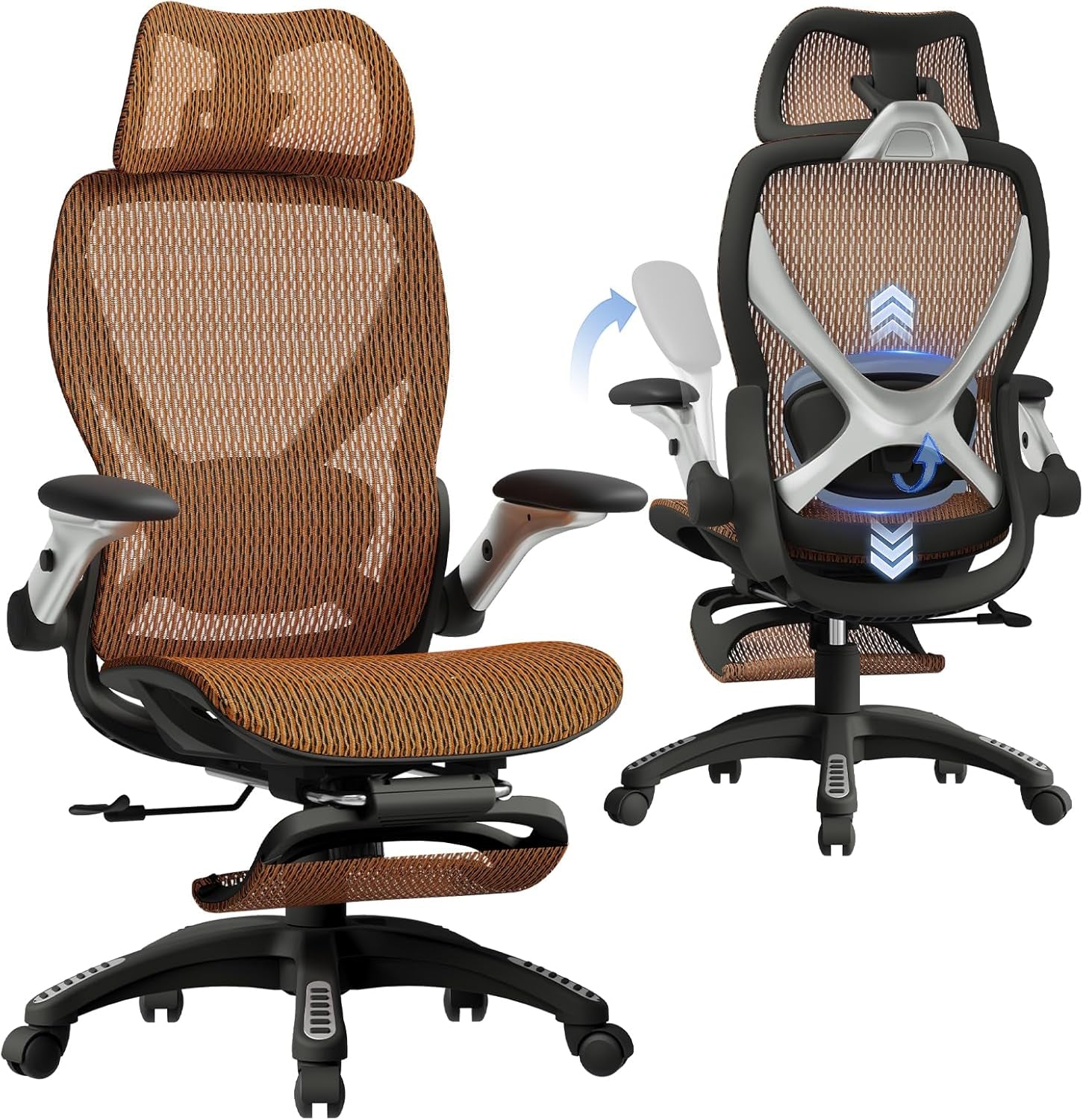 Brown/orange woven mesh office chair in front three-quarter and rear three-quarter views featuring a silver X-shaped back