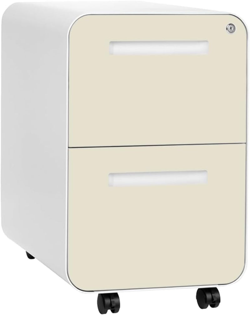 Three-quarter view of the two-drawer mobile file cabinet with cream-colored drawer fronts, white body, and caster wheels.