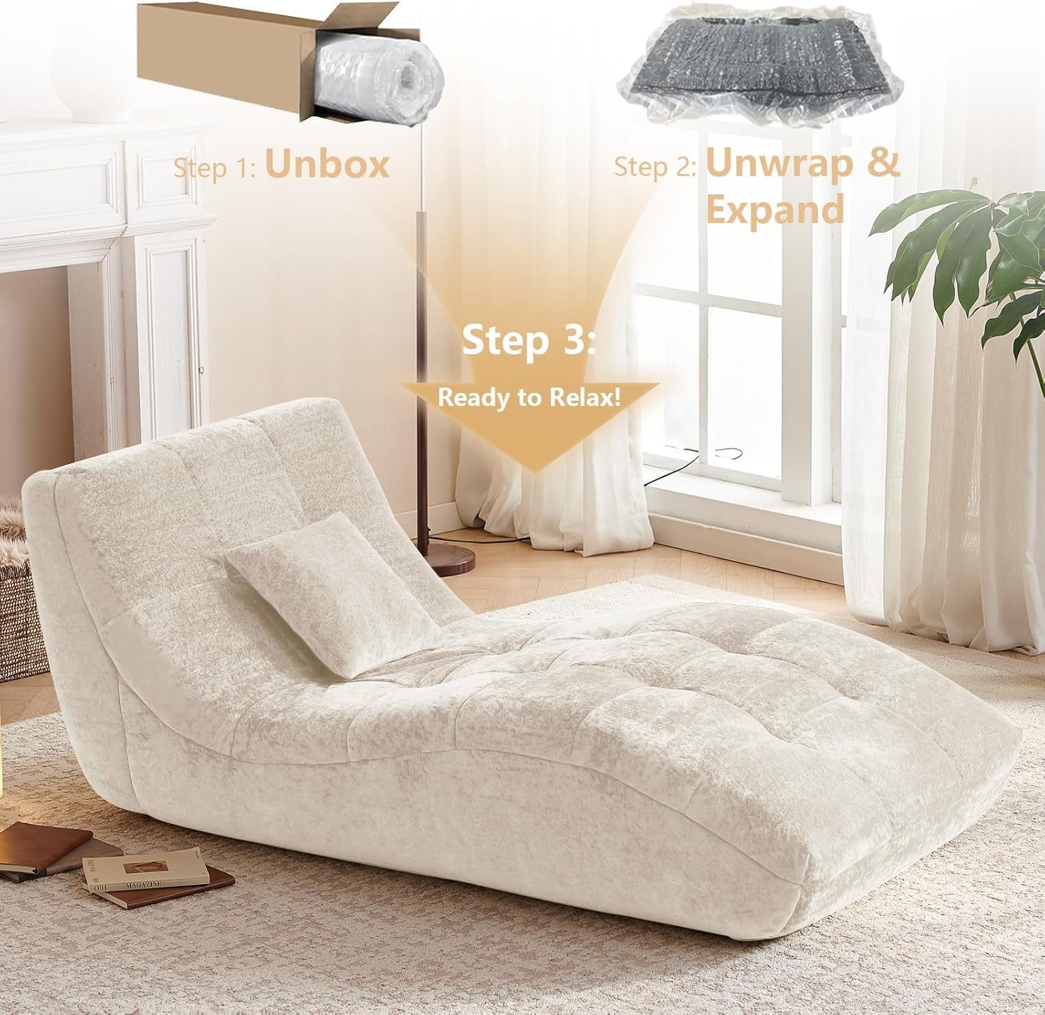 Beige chaise lounge with unboxing and expand graphics showing the product rolled in packaging and ready to expand