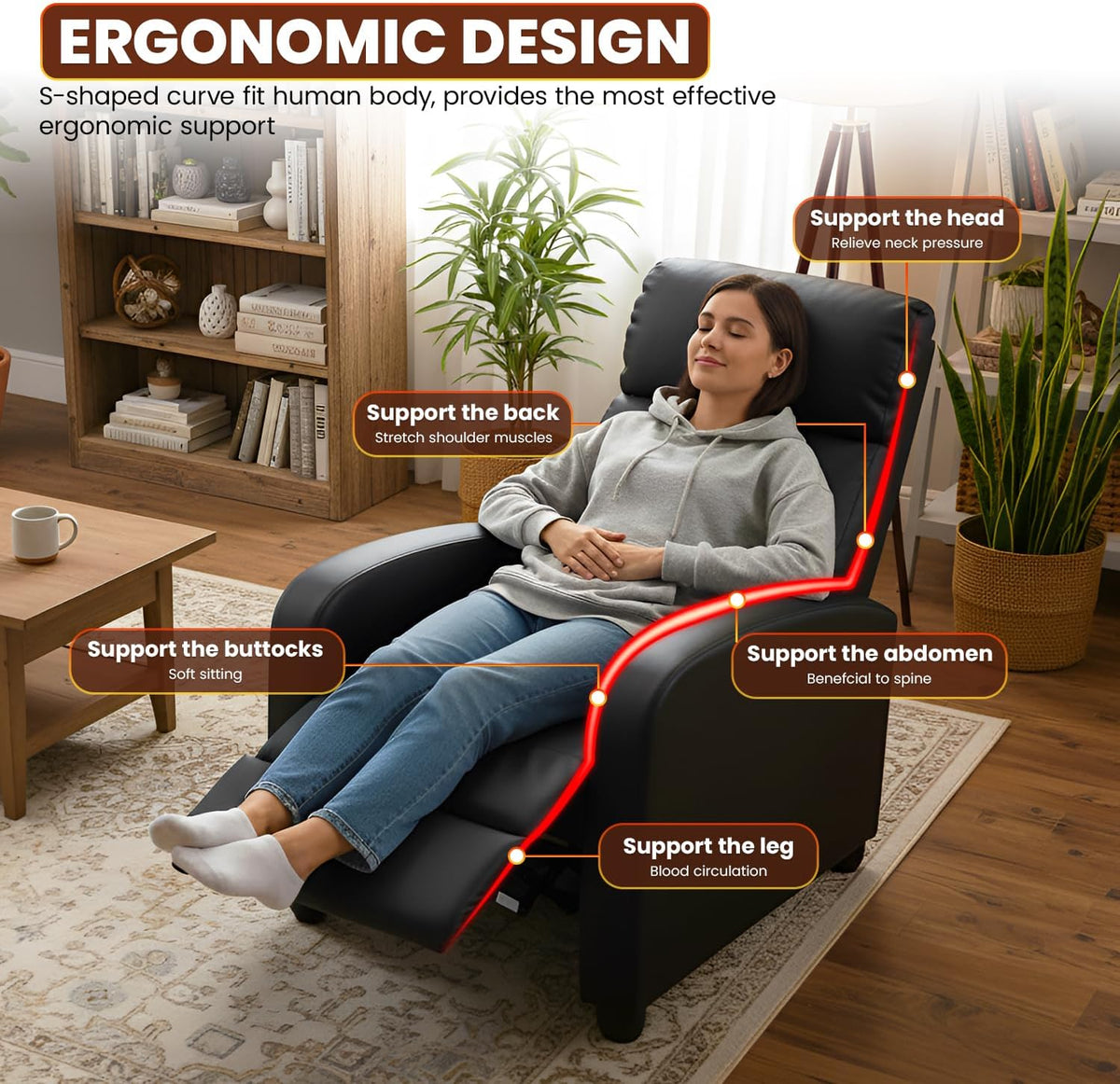 Person reclining in a black PU chair in a living room with ergonomic support overlay highlighting head, back, abdomen and