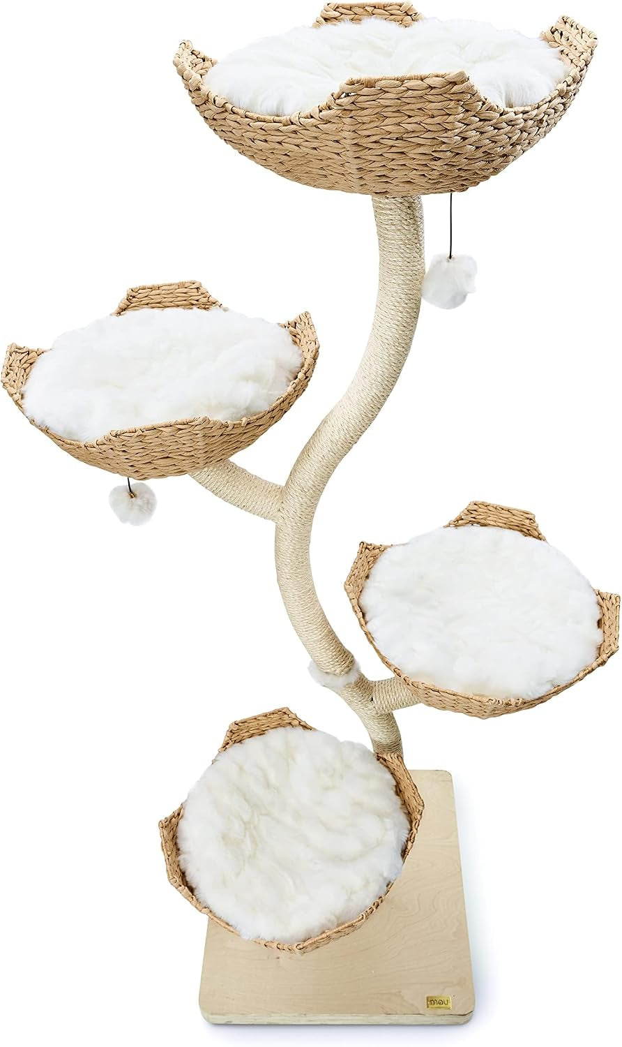 Studio view of the braided baskets and fluffy white cushions on the sisal-wrapped branches and square wooden base.