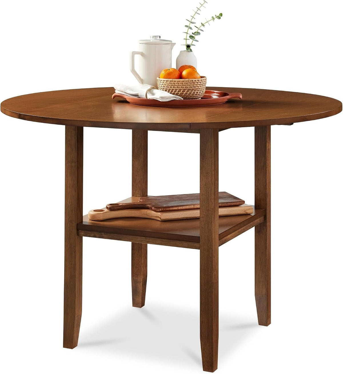 Chestnut round drop-leaf dining table with a lower shelf, shown from the front