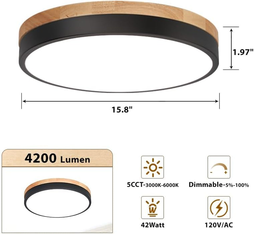 Profile view of the round ceiling light with measurement arrows and small icons below.
