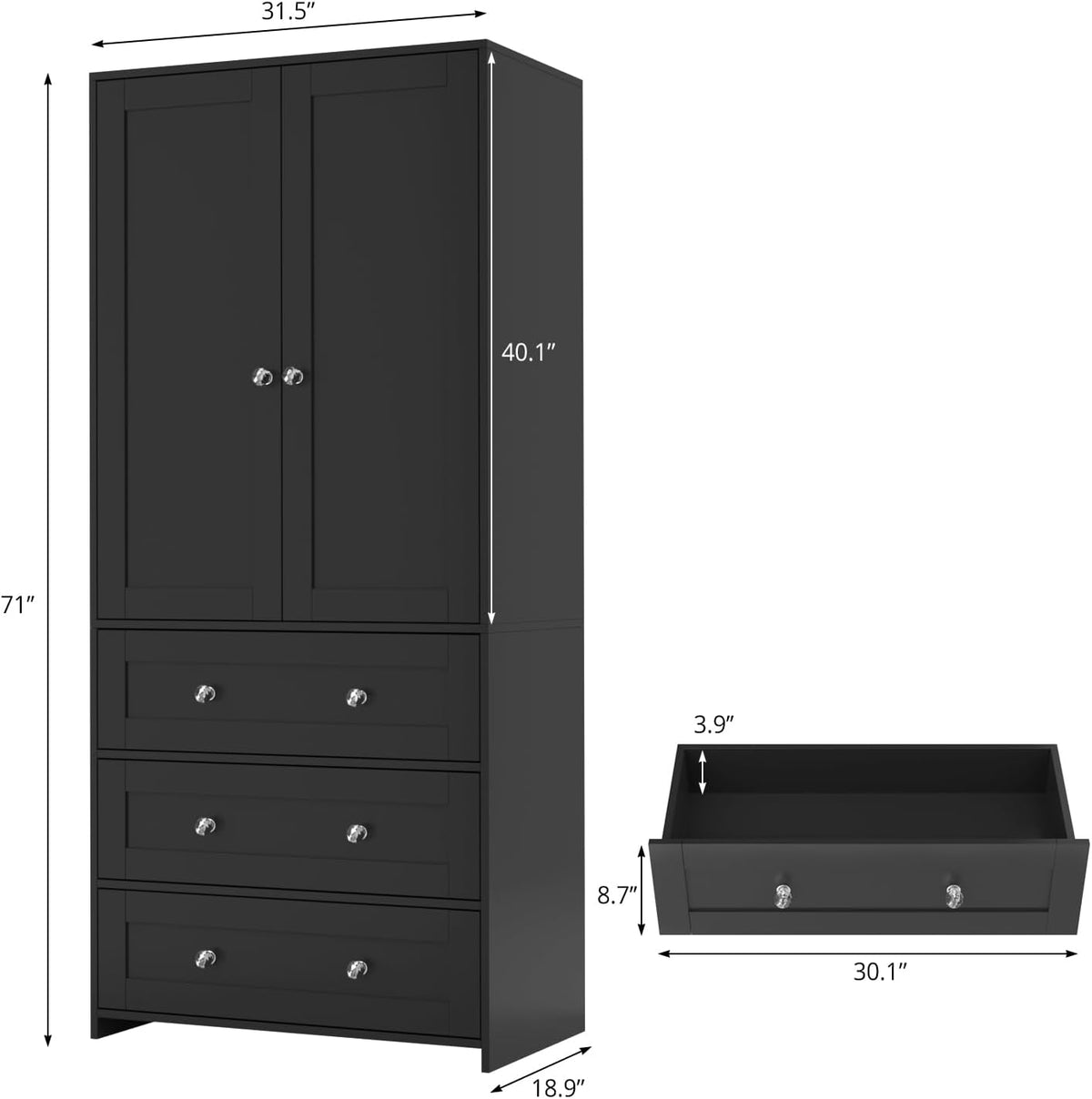 Black wardrobe dimensional diagram showing front view with overall height 71" and drawer front measurements