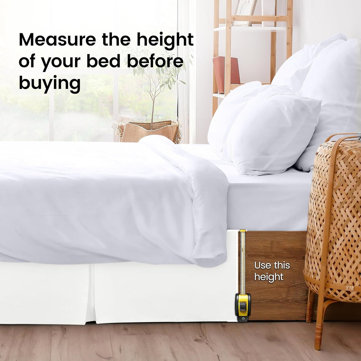 Side view of bed edge with a tape measure showing how to measure bed height for selecting the skirt drop