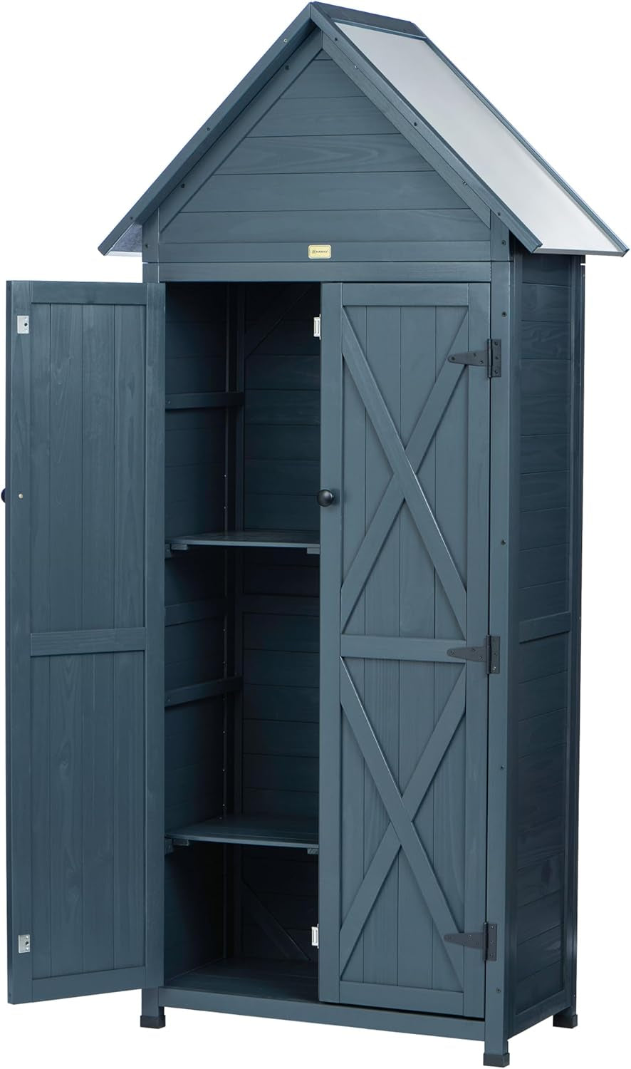 Tall dark blue wooden outdoor cabinet with open double doors revealing two adjustable shelves and raised base.