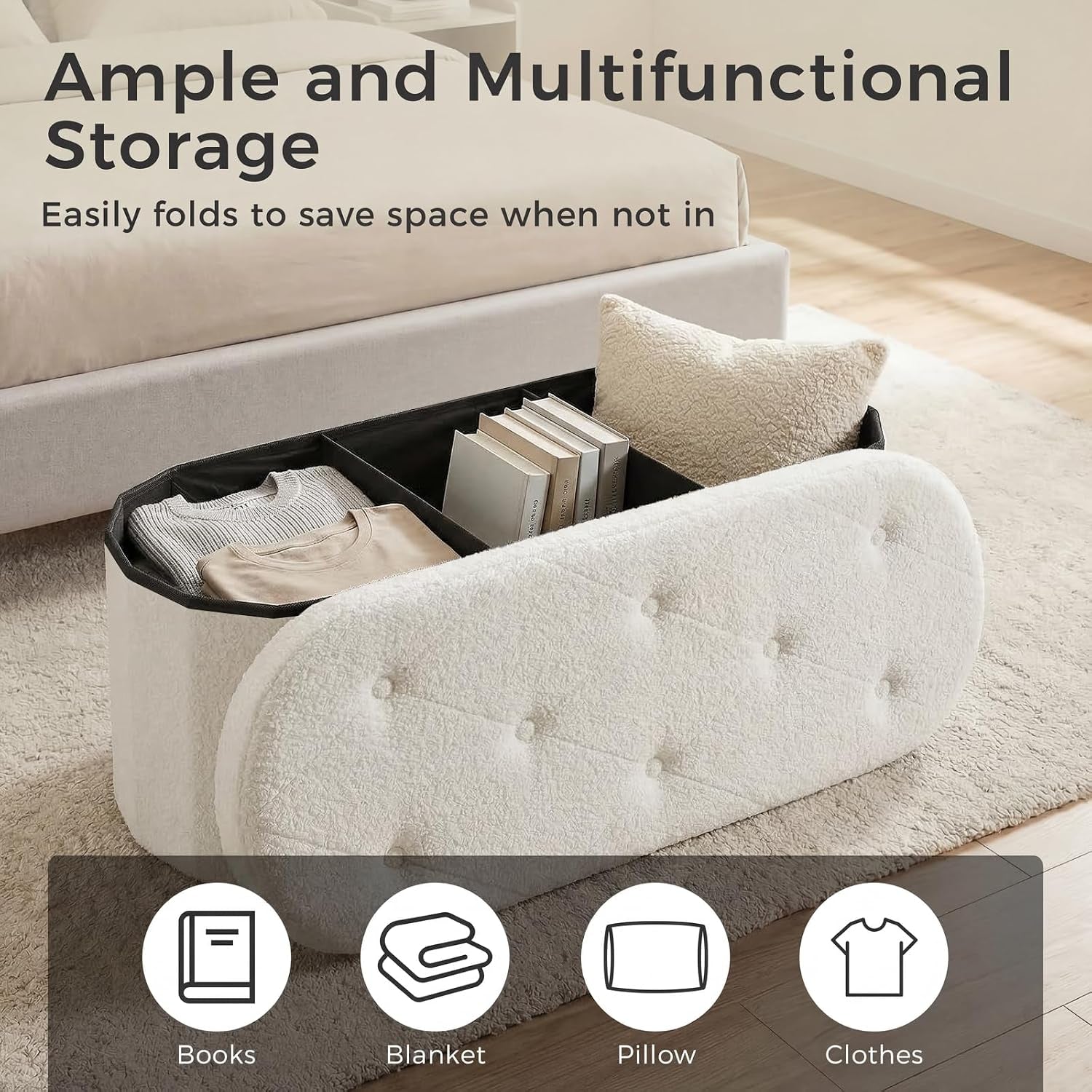 Open white ottoman showing removable inner dividers and divided storage compartments