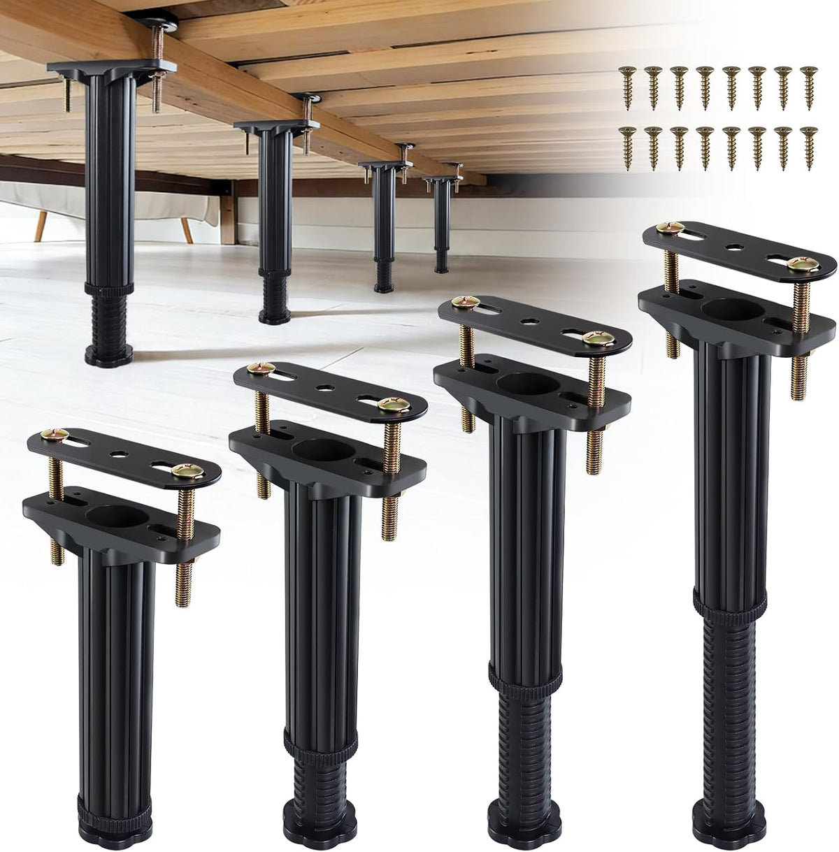 Under-bed view: four black adjustable legs bolted beneath wooden slats, with spare legs and screws alongside.