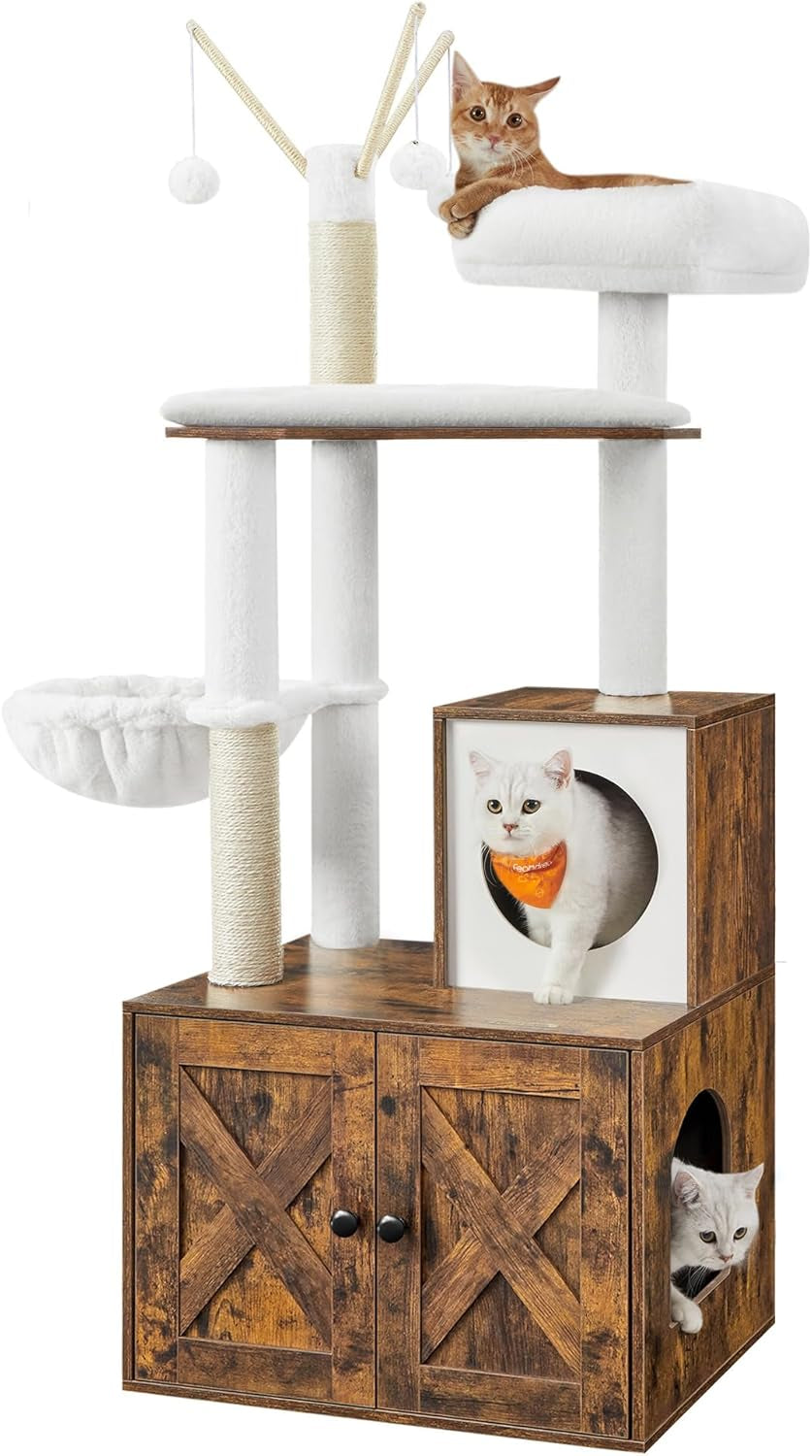 Front view of a brown farmhouse-style cat condo with white plush perches and two cats using openings.