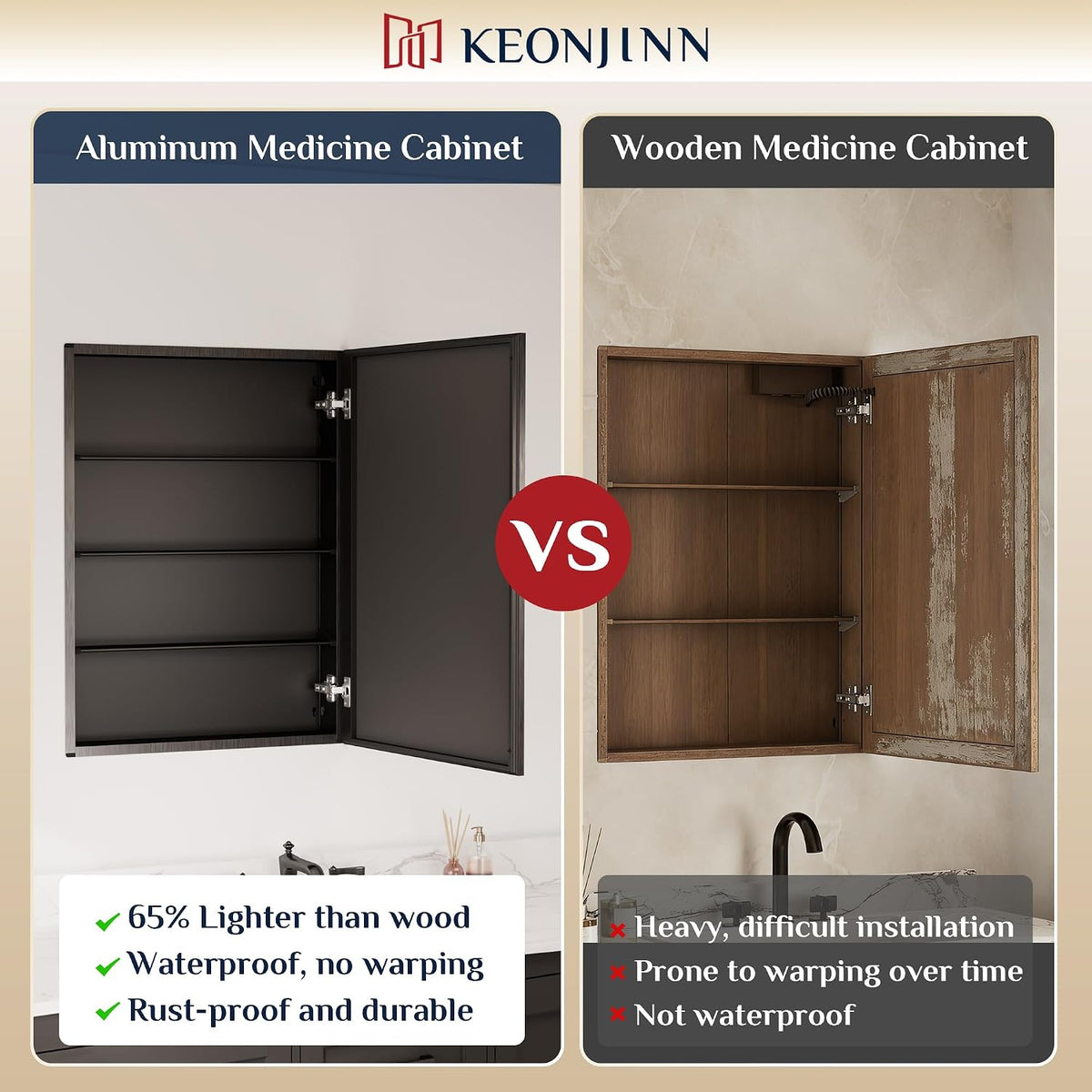 Side-by-side open aluminum (dark) medicine cabinet and rustic wooden medicine cabinet interior comparison.