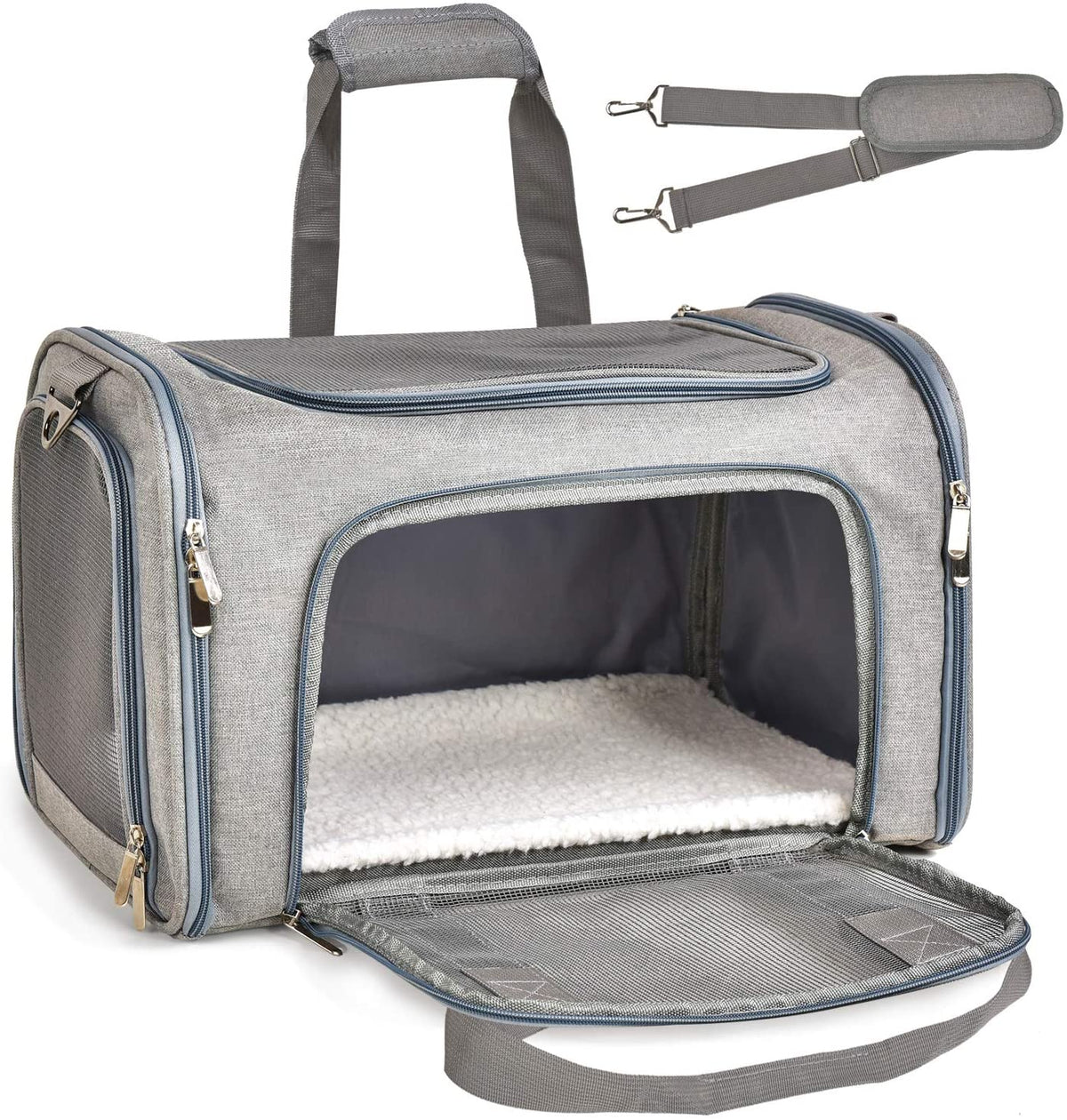 Gray soft-sided pet carrier open at front showing plush white pad and detachable shoulder strap at top right.