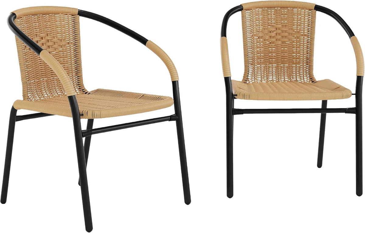 Two tan rattan bistro chairs with black metal frames, one front and one three-quarter view on white background.