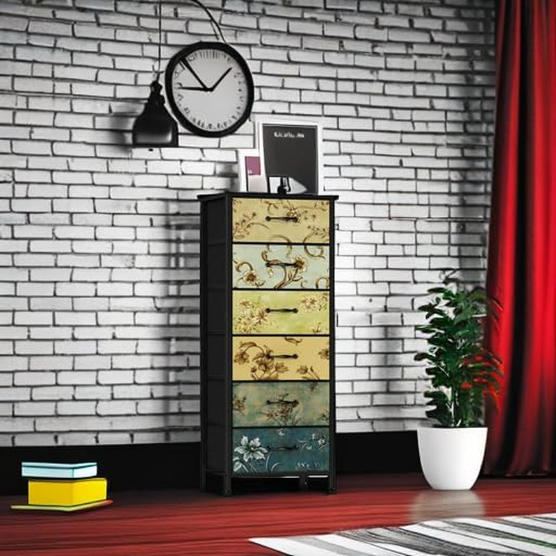 Floral-front tall dresser standing against a white brick wall with a clock above and a potted plant beside it.