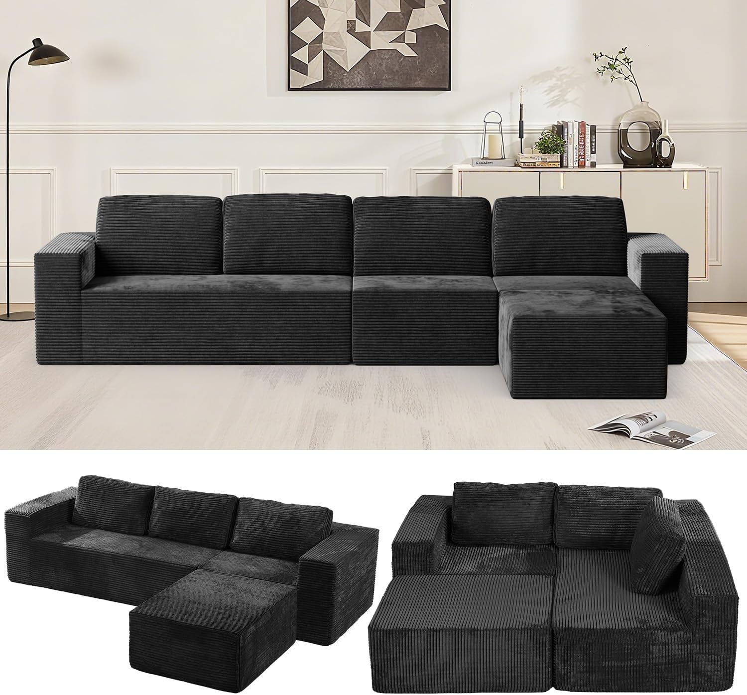 Full L-shaped dark charcoal modular sectional with chaise in a living room setting.