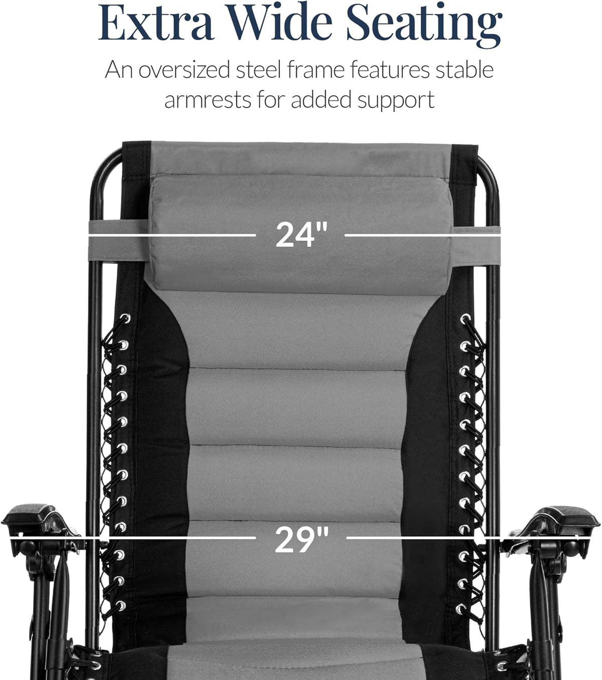 Close view of the gray padded recliner seat with width measurements shown