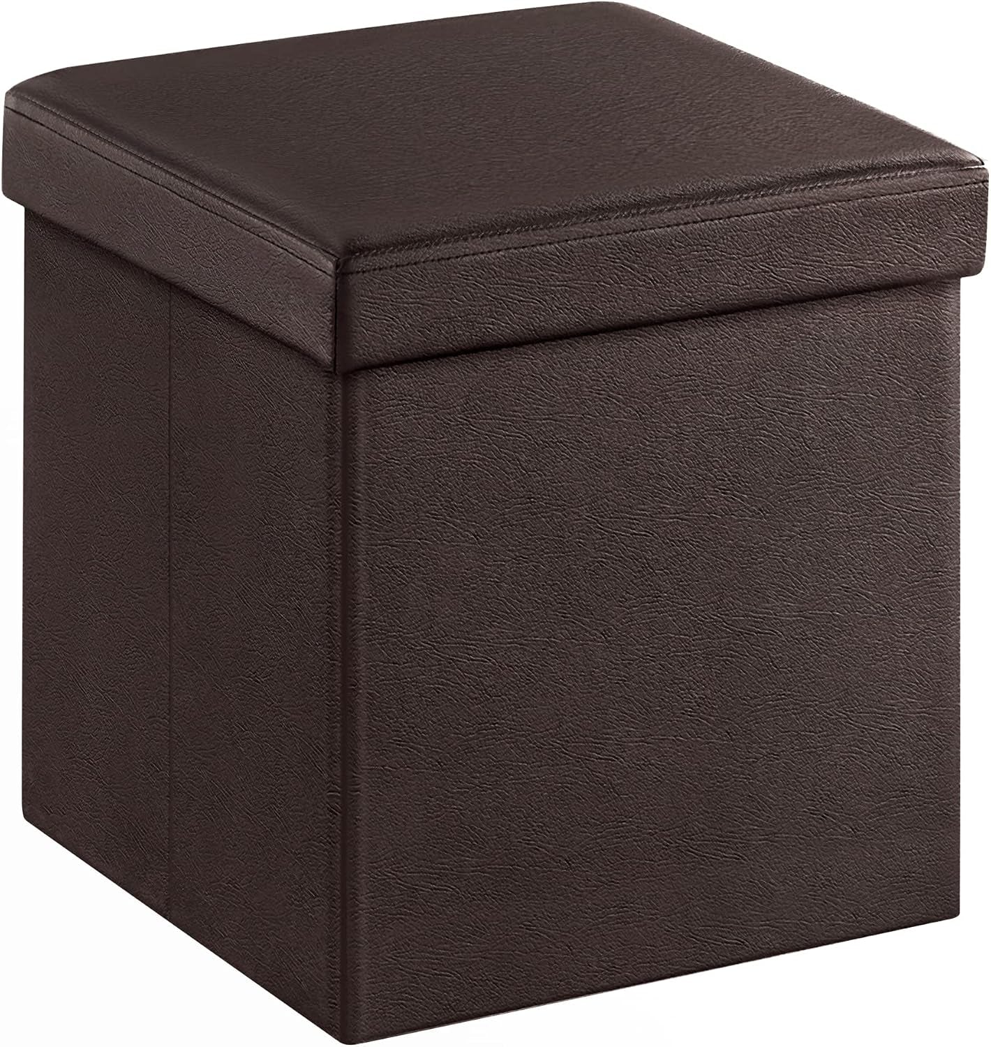 Square black synthetic-leather storage ottoman with cushioned lid, shown at an angle