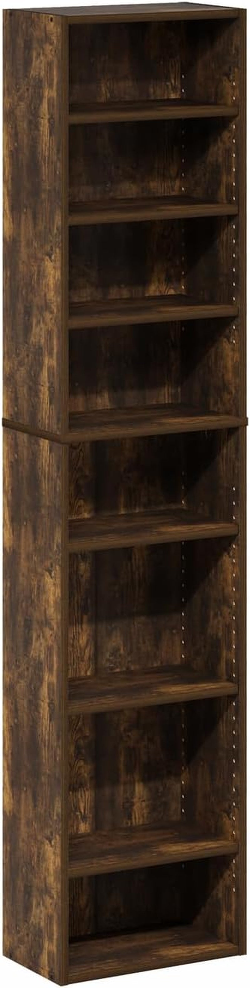 Tall slim 8-shelf media tower in Amber Pine finish, front view on a white background