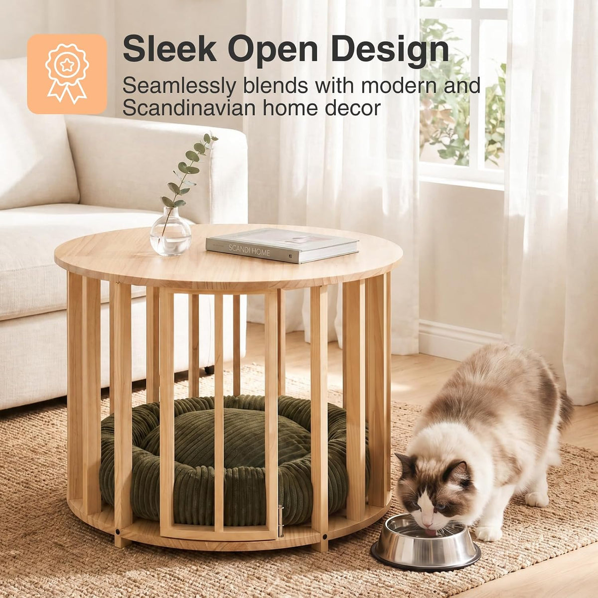 Round pine crate coffee table in a bright living room showing sleek Scandinavian-style slats and the green donut bed inside