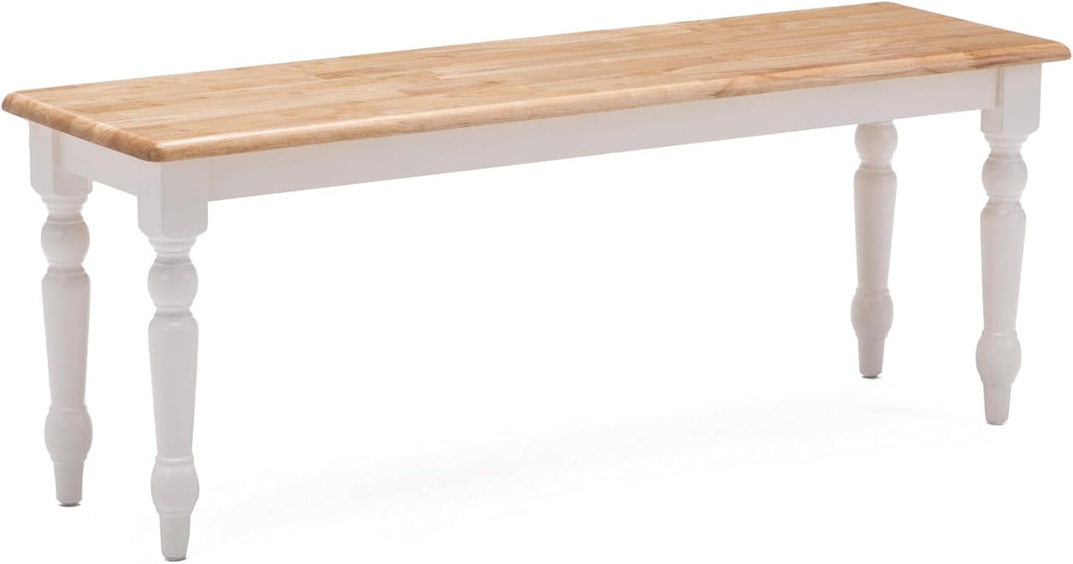 Two-tone bench with natural wood seat and cottage cream painted legs on a white background