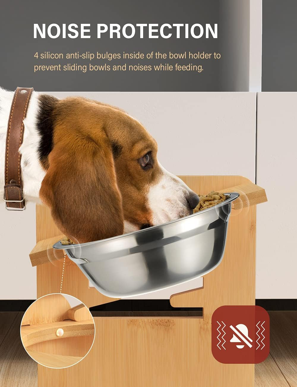 Side view of a dog eating from a stainless bowl set in a low bamboo raised stand