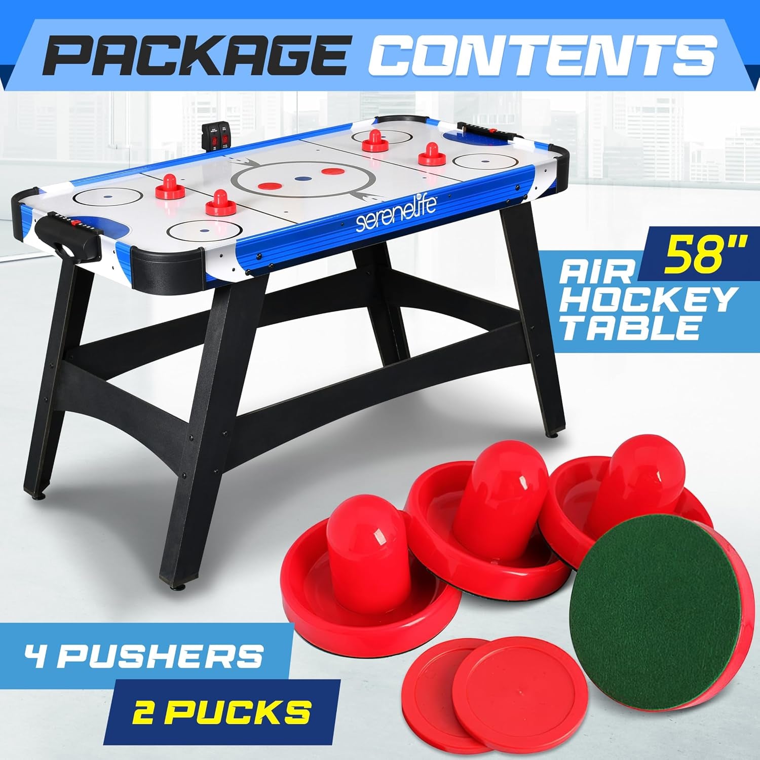 Air hockey table shown with four red pushers and two red pucks arranged nearby.