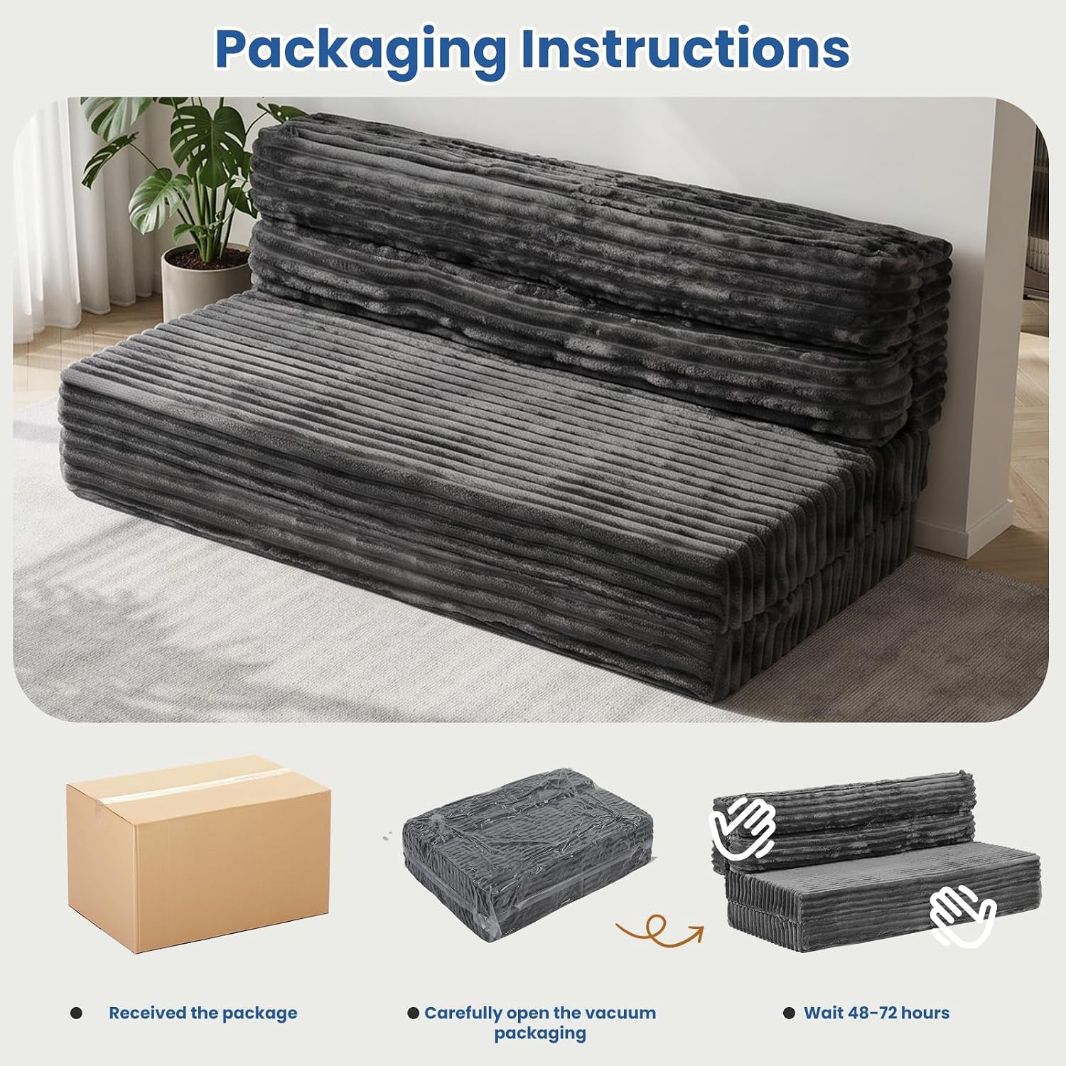 Tri-fold corduroy futon shown folded against a wall with icons and three-package unpacking illustrations below.