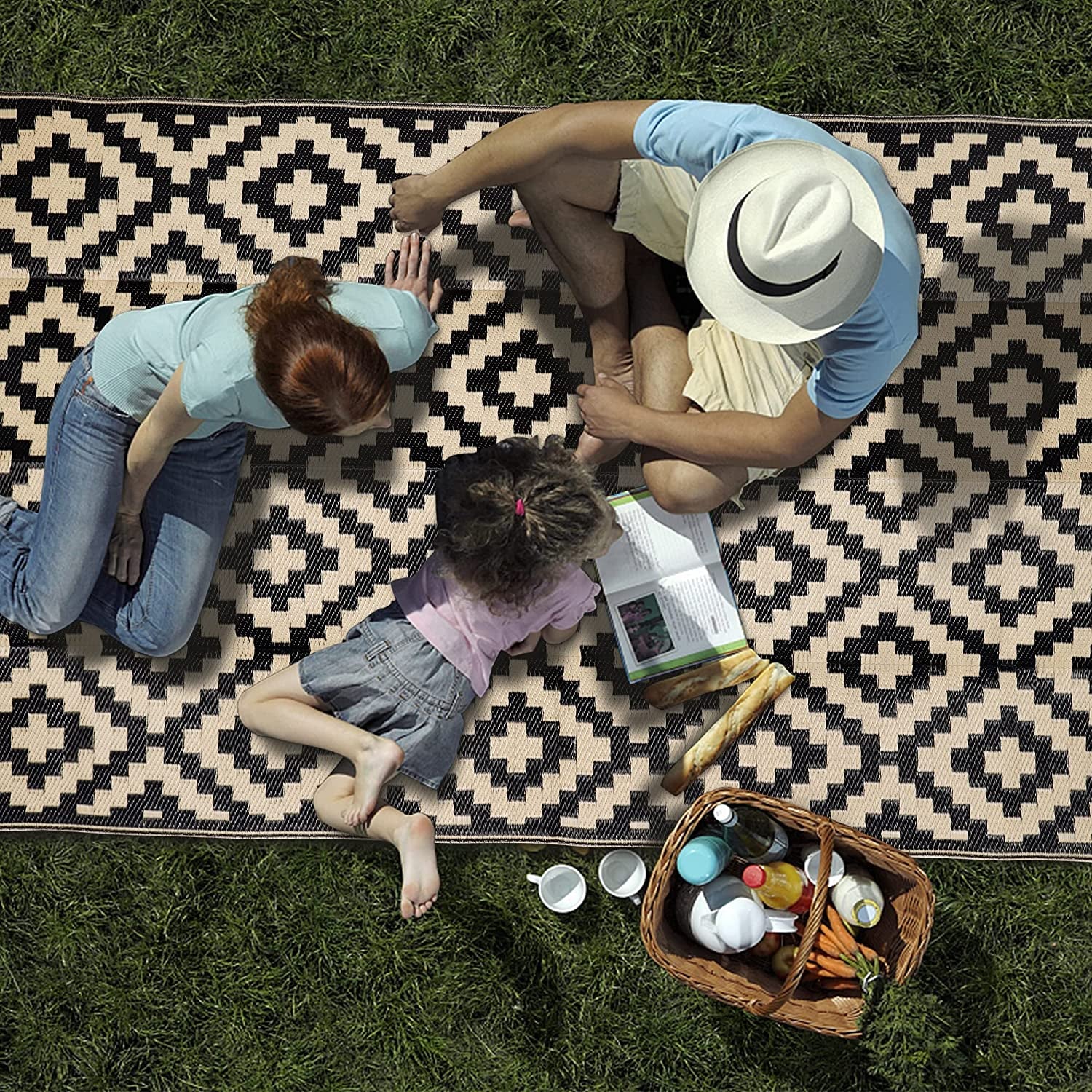 Overhead view of a family sitting on a black-and-cream patterned rug laid on grass with a picnic basket.